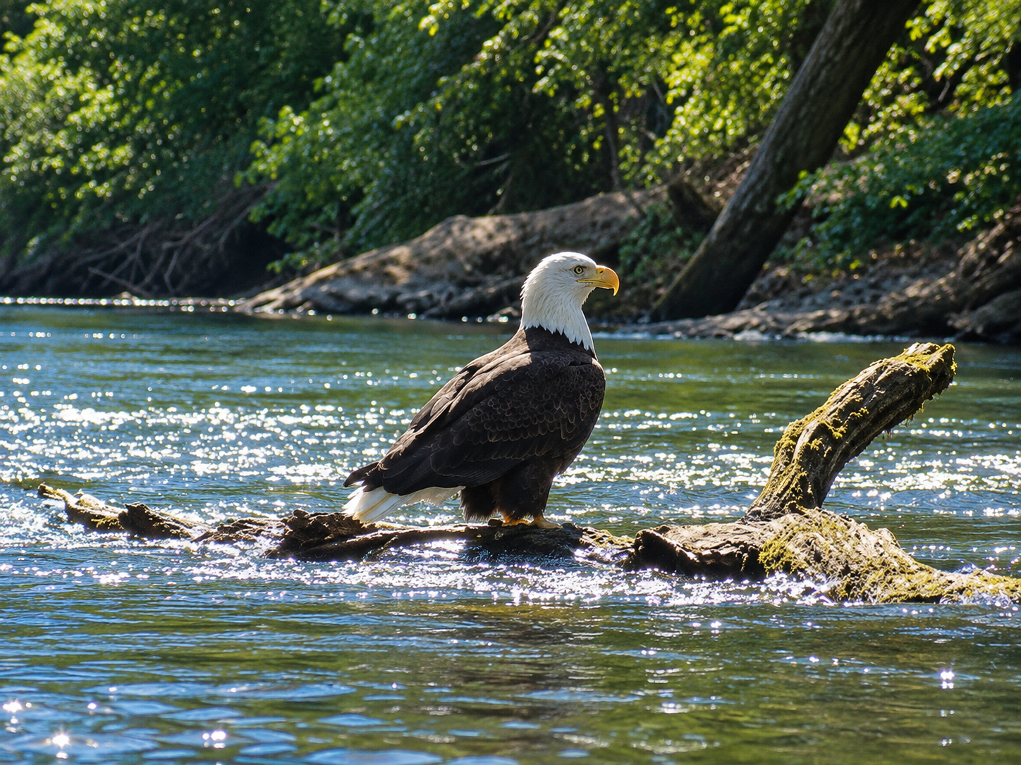 Family relaxing by the river in the shade of Tennessee trees